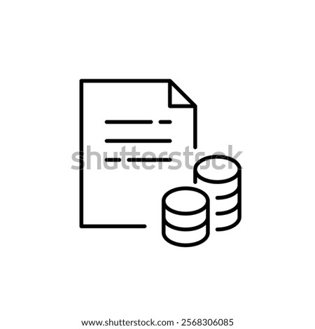 Document and stacks of coins. Payment invoice, wealth management, taxes and economical analysis. Pixel perfect vector icon