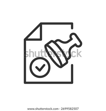 Document with stamp, linear icon. Official approval and certification