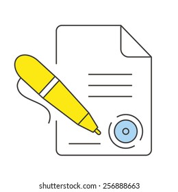 Document with a stamp and pen icon. Thin outline vector icon concept. Isolated on white background.