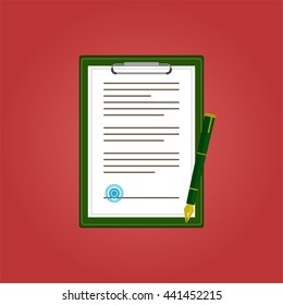Document with stamp and pen on clipboard. Vector illustration.