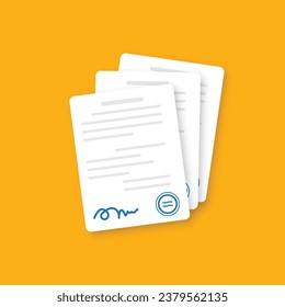 Document with stamp and text icon in flat style. White papers vector illustration on isolated background. Confirmed or approved document sign business concept.
