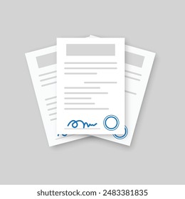 Document with stamp and text icon in flat style. White papers vector illustration on isolated background. Confirmed or approved document sign business concept.