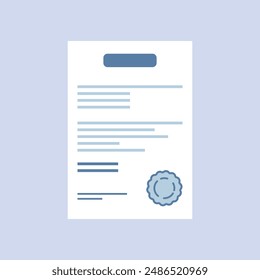 Document with stamp and text icon in flat style. White papers vector illustration on isolated background. Confirmed or approved document sign business concept.