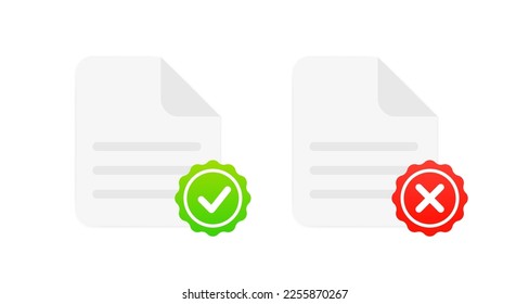 A document with a stamp of a tick and a cross. Contract documents. A document with a stamp and text. Seal of approval and seal of rejection. Vector illustration