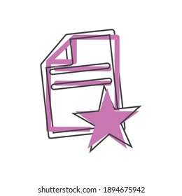 Document with star icon on cartoon style on cartoon style on white isolated background.