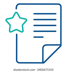Document with star symbol, business process organization symbol. Adding favorites information. Simple linear color icon isolated on white background