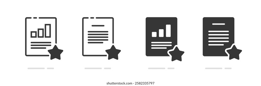 Document starred icon vector stroke line outline graphic set, solid thin linear ui interface rated selected via star form report sign symbol simple pictogram, quality important doc file black clip art