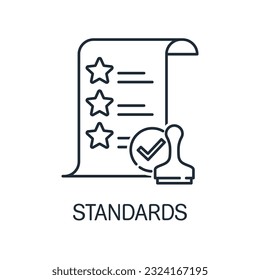 A document with stars stamped with a check mark. Standardization. Norms of standards.Vector linear icon isolated on white background.