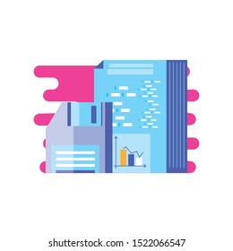 document with statistical and floppy disk vector illustration design