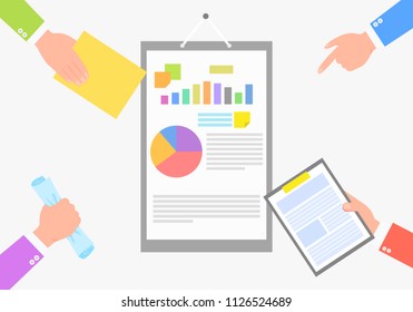 Document with statistical information color card, isolated on white background vector illustration of arms in business suits holding veried papers