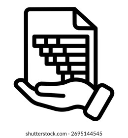 Documento com gráfico de estatísticas no ícone de linha manual, conceito do osint analytics. Gráficos vetoriais. Ajuda mão com sinal de papel de dados no fundo branco, ícone de estilo de contorno de design móvel ou web