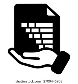 Documento com gráfico de estatísticas na mão ícone sólido, conceito de análise pontual. Gráficos vetoriais. Ajudando a mão com o sinal de papel de dados no fundo branco, ícone de estilo de glifo do design móvel ou web