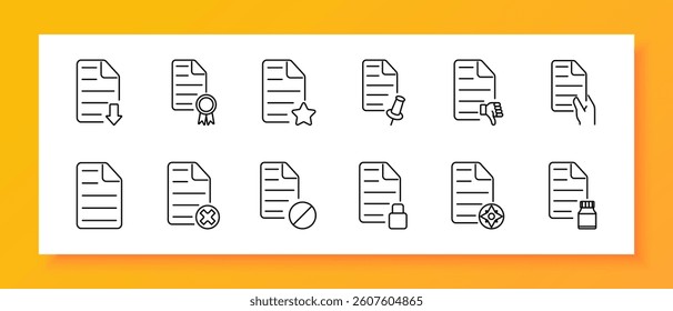 Document status set icon. Line icons of paper with arrows, award, star, pushpin, thumb, hand, lock, compass, pill, bottle on white background showing status, feedback, pin, rating, secure, medicine