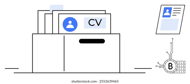 A document storage drawer contains multiple CVs. Above it, a floating document and a Bitcoin symbol connected to a network represent blockchain validation. Ideal for job applications, blockchain