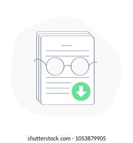 Document For The Study, WhitePaper Sign. A Stack Of Documents, Report With Glasses, Investment Document, Company Strategy, Brief, Development Product Plan. Flat Outline Vector Illustration Template.