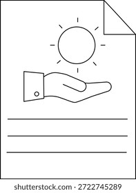 Un documento con un sol sobre una mano sobre líneas en blanco con una esquina doblada