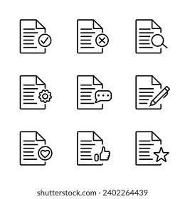 Document Symbol Set. Paper and edit document icon. The checklist icon. Clipboard symbol. Document with pen, magnifying glass, loupe, checkbox