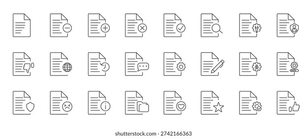 Document Symbol Set. Paper and edit document icon. The checklist icon. Clipboard symbol. Document with pen, magnifying glass, loupe, checkbox, check mark. Flat style icons set. Vector
