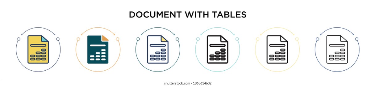 Document with tables icon in filled, thin line, outline and stroke style. Vector illustration of two colored and black document with tables vector icons designs can be used for mobile, ui, web
