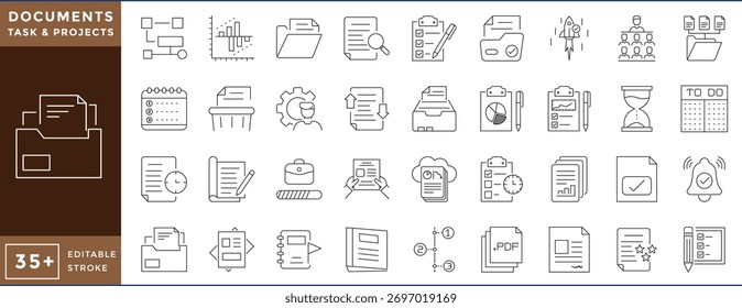 Document, Task, and Project related 36 line icons set. Vector editable stroke.