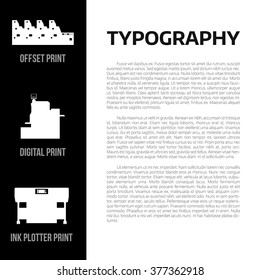Document template with text and print equipment pictograms. Vector advertising presentation design. Ink plotter, digital printer and offset machine icons. Brochure with electronic devices.