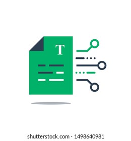 Document terms and conditions, write article, information summary, creative writing or storytelling, gather data, vector icon, flat design illustration