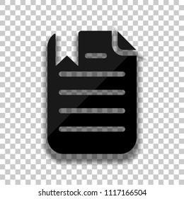 document with text and bookmark. Black glass icon with soft shadow on transparent background