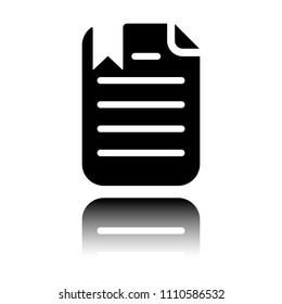 document with text and bookmark. Black icon with mirror reflection on white background