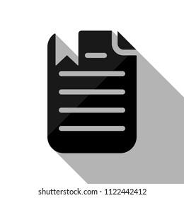 document with text and bookmark. Black object with long shadow on white background