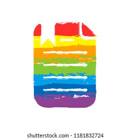 document with text and bookmark. Drawing sign with LGBT style, seven colors of rainbow (red, orange, yellow, green, blue, indigo, violet