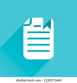 document with text and bookmark. Gray icon with long shadow in bottom left corner on blue background