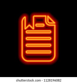 document with text and bookmark. Orange neon style on black background. Light icon