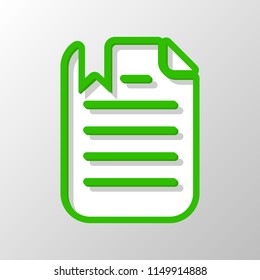 document with text and bookmark. Paper style. Cut symbol with green bold contour on shape and simple shadow