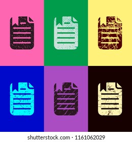 document with text and bookmark. Pop art style. Scratched icons on 6 colour backgrounds. Seamless pattern