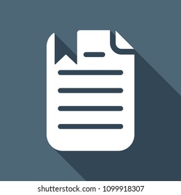 document with text and bookmark. White flat icon with long shadow on background