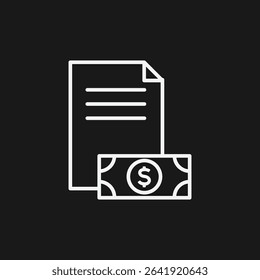 Document with Text and Dollar Bill on Black Background, Representing Financial Transactions or Invoices, White Outline Icon
