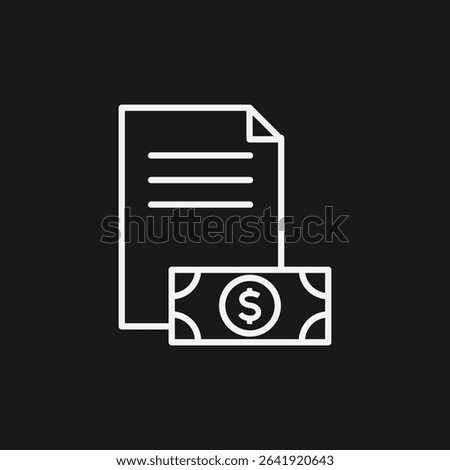 Document with Text and Dollar Bill on Black Background, Representing Financial Transactions or Invoices, White Outline Icon