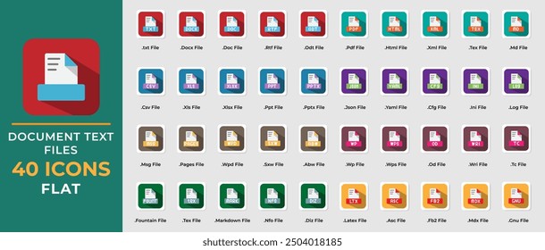 Document text file flat icon set. txt, ppt, pdf, doc, csv, files format icons. vector illustration