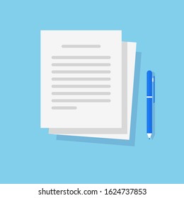 Document text file and writing article content on paper docs with pen vector illustration flat cartoon isolated, idea of copywriting study or learning, creating notes on pages   