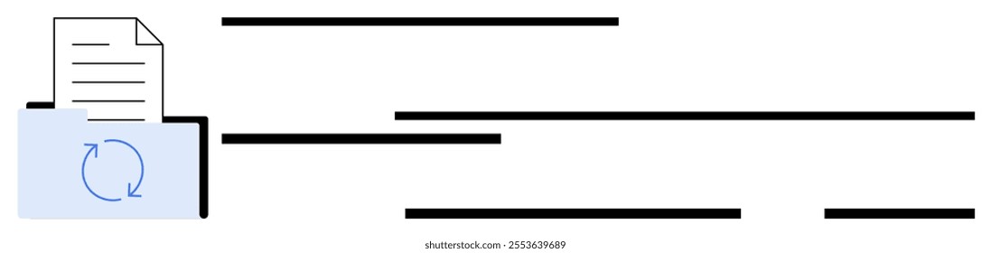 Document with text lines enclosed in a folder that contains a synchronization icon, indicating an ongoing process. Ideal for data management, file synchronization, digital documents, updates