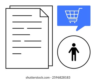 Document with text lines, stylized person icon inside a circle, blue speech bubble with shopping cart symbol. Ideal for e-commerce, online retail, digital marketing, user identity, customer service