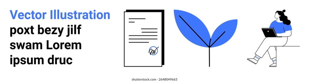 Document with text and logo, blue leaf icon, person sitting with laptop. Ideal for productivity, remote work, nature, technology, modern design, minimalism, professional presentation. Landing page