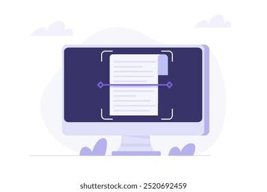 Concepto de reconocimiento de texto del documento: representa el escaneo de un archivo de texto, utilizando AI para el reconocimiento de texto. Representa el proceso de la tecnología OCR (reconocimiento óptico de caracteres) para convertir Imágenes de texto