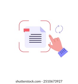 Document text recognition with phone and ai. User scanning text file. Concept of text file recognition, OCR, optical character recognition. Vector illustration in flat design for web banner