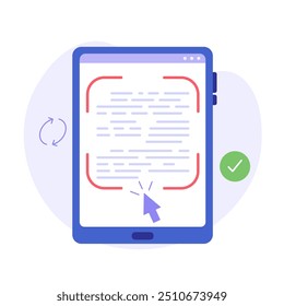 Document text recognition with phone and ai. User scanning text file. Concept of text file recognition, OCR, optical character recognition. Vector illustration in flat design for web banner