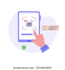 Document text recognition with phone and ai. User scanning text file. Concept of text file recognition, OCR, optical character recognition. Vector illustration in flat design for web banner