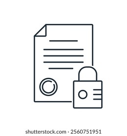 Document with text under a secret code lock.  Locked information.   Vector linear icon illustration isolated on white background.