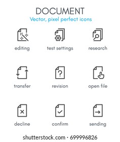 Document theme, line icon set. Pixel perfect, fully editable stroke, black and white, vector icon set suitable for websites, info graphics, and print media.