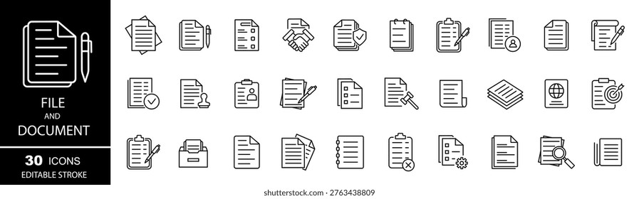 Document thin line icons set. Documents icons collection. File symbol. Editable stroke. Vector illustration.