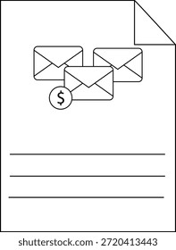 Un documento con tres sobres, un signo de dólar y tres líneas de texto sobre un fondo blanco